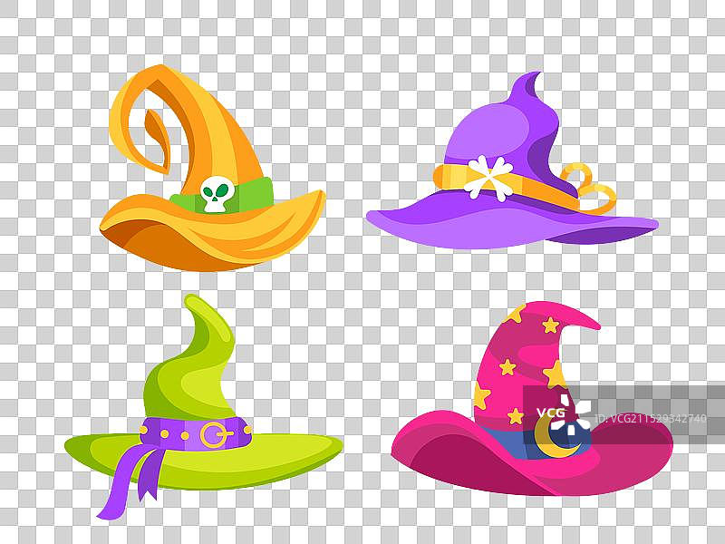 四顶色彩斑斓的女巫帽，上面展示了万圣节的符号图片素材
