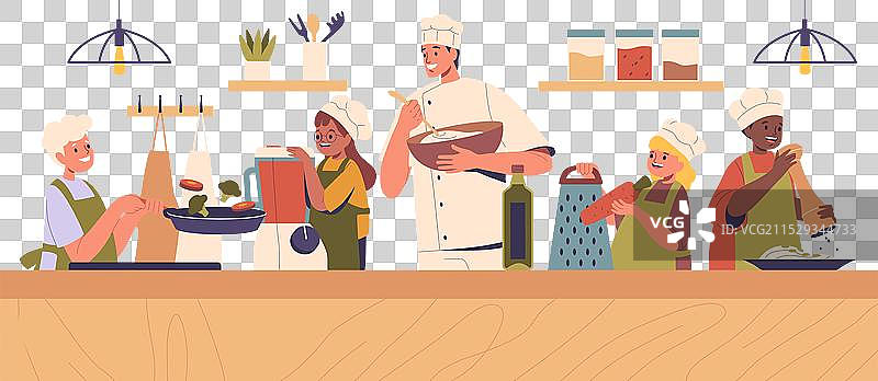 儿童烹饪课堂与专业厨师图片素材