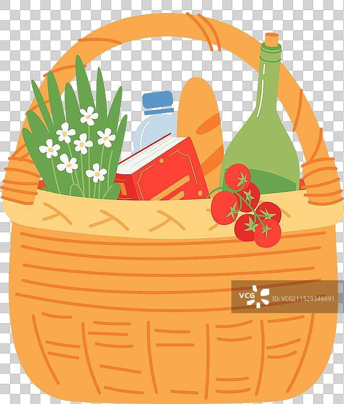 可爱的浪漫野餐篮，里面装满了食物和葡萄酒图片素材