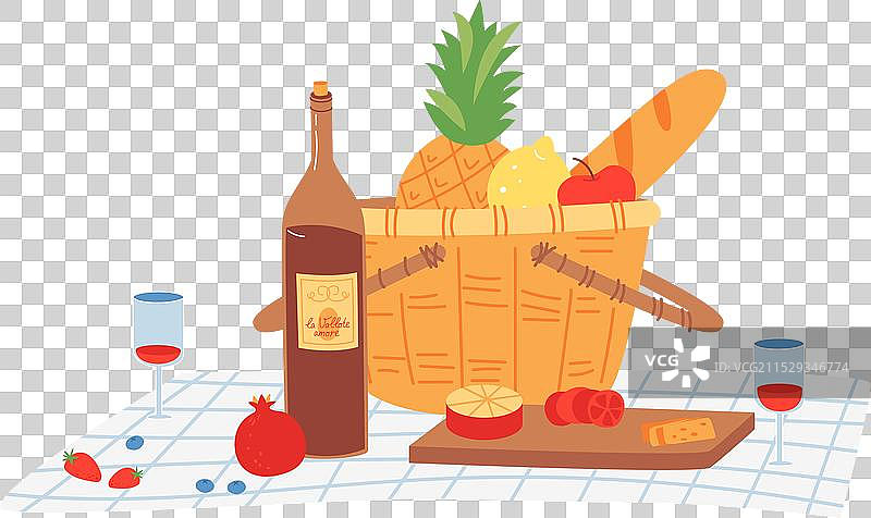 夏季户外的野餐毯上摆放着葡萄酒和食物图片素材