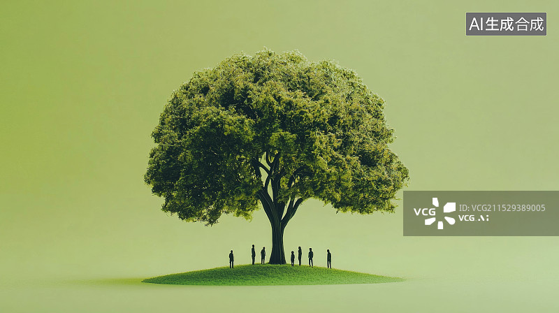 【AI数字艺术】绿色背景下一棵大树和小人群图片素材