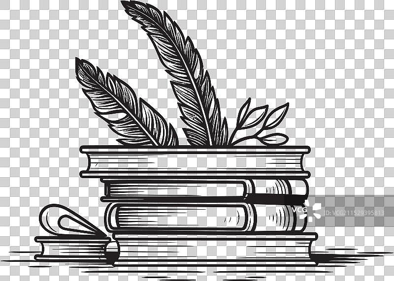 羽毛笔编年史经典书籍堆叠徽章图片素材