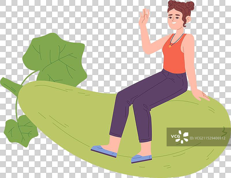 女孩坐在当地农场收获的大西葫芦上图片素材