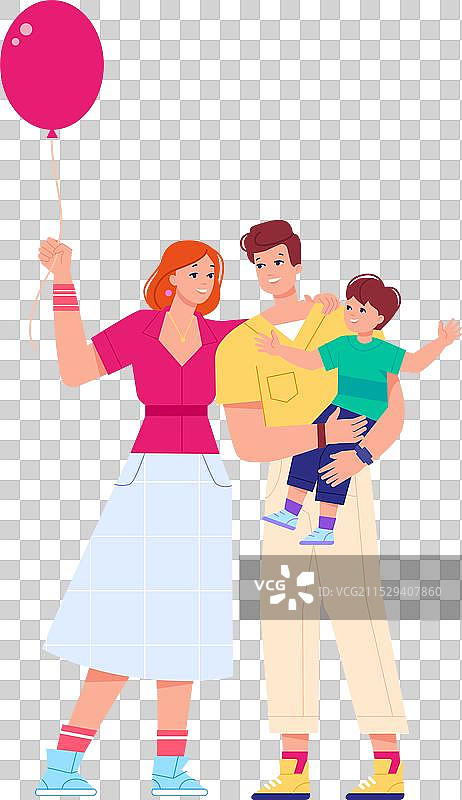 快乐的父母和儿子手持气球的家庭假期图片素材