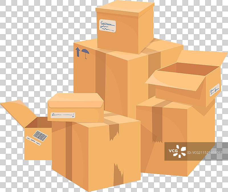 打开和关闭的快递箱，纸板堆积在一起图片素材