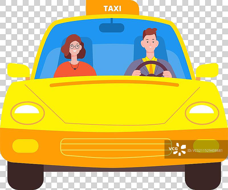 黄色出租车的正面视图，司机和乘客在车内图片素材