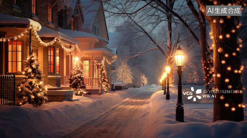 【AI数字艺术】冬季节日夜晚欧美风格街道装饰插画图片素材