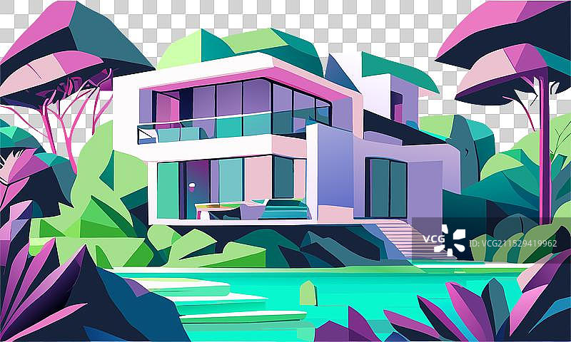 一座明亮现代的小屋，旁边有一条河流图片素材