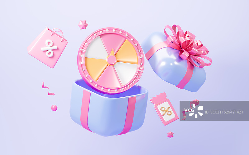 卡通抽奖盘和奖品3D渲染图片素材