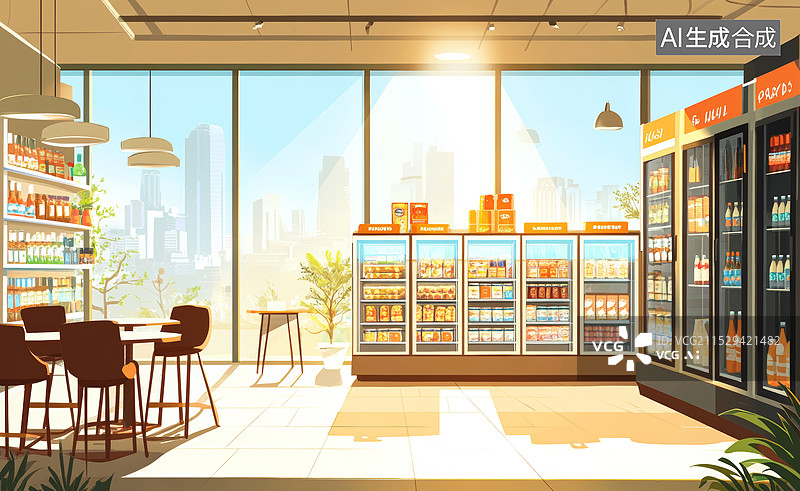【AI数字艺术】一家现代化的便利店内部。店内光线充足，货架上摆满了各种商品，包括饮料、零食和日用品。墙上挂着一些装饰图片素材