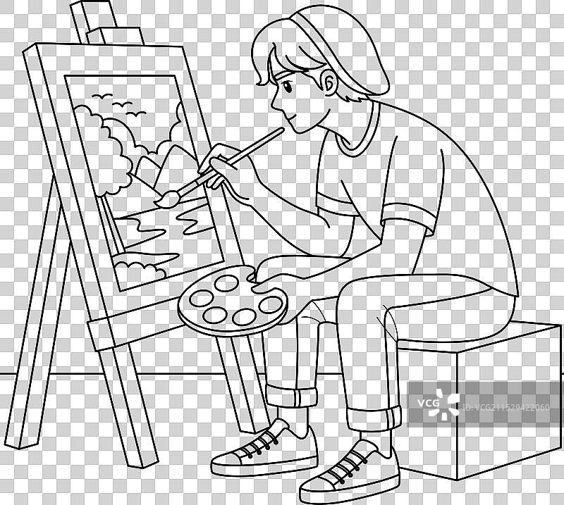 艺术家在画架上作画的轮廓填色页图片素材