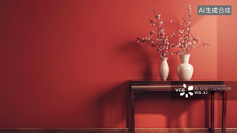 【AI数字艺术】中式极简风格插花和红色背景墙图片素材