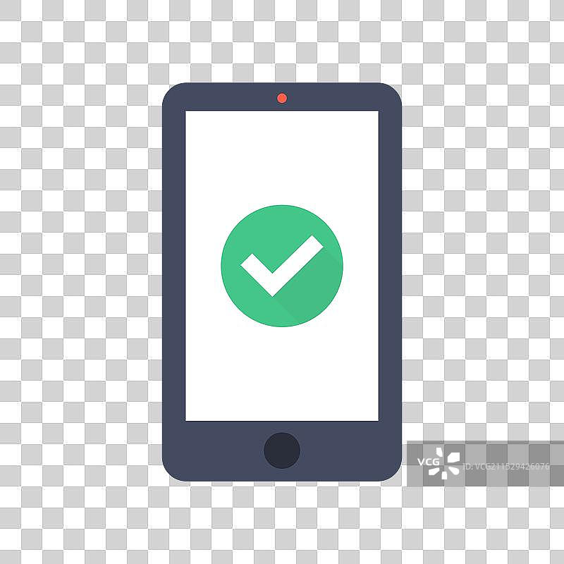 带有绿色圆形勾选标记图标的智能手机图片素材