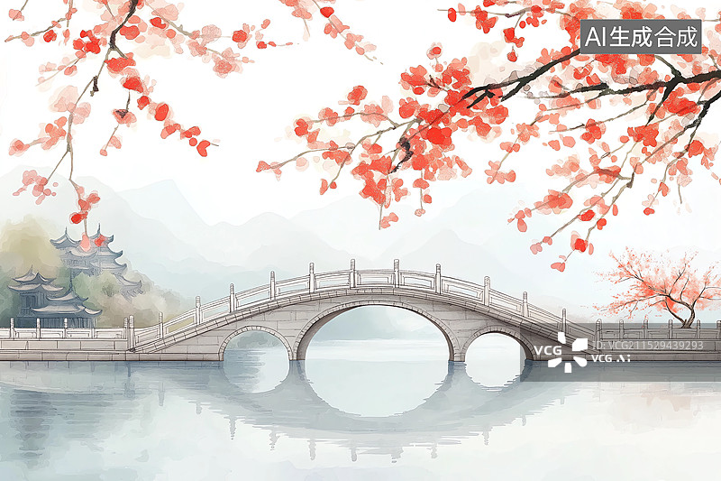 【AI数字艺术】中国风水彩插画——江南湖泊春色图片素材