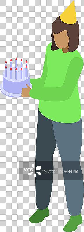 女性手持带蜡烛的生日蛋糕，等距视图图片素材