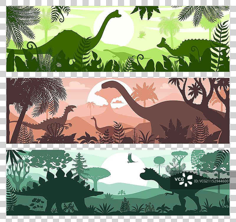 热带森林中的史前恐龙剪影图片素材