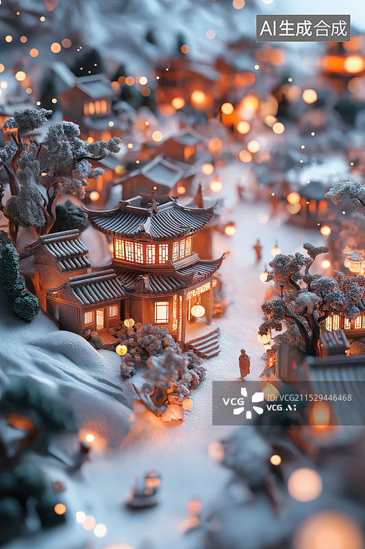 【AI数字艺术】冬季新年中国古镇插画背景图图片素材
