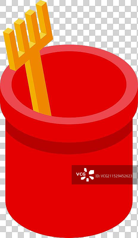 红色塑料桶旁边竖着一把黄色玩具耙子图片素材