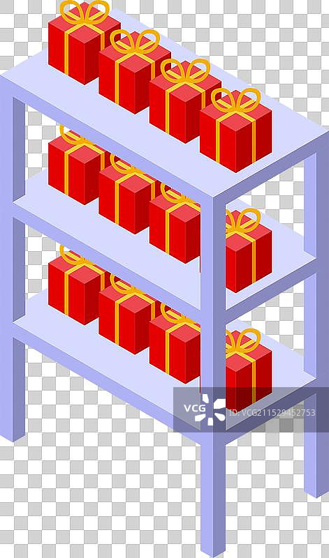 金色装饰的红色礼品盒堆满金属货架图片素材