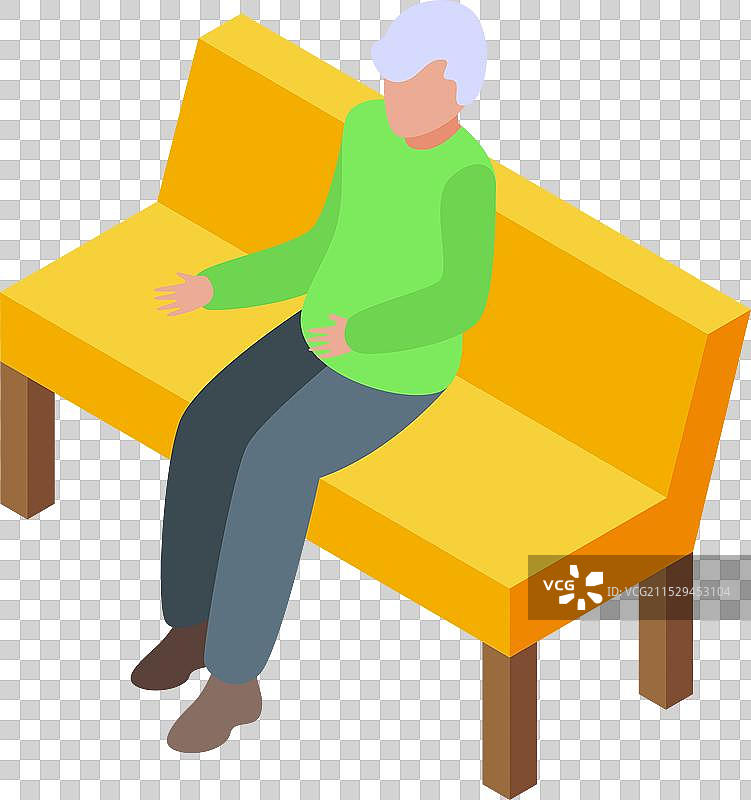 一位老年男子坐在长椅上，感到腹痛。图片素材