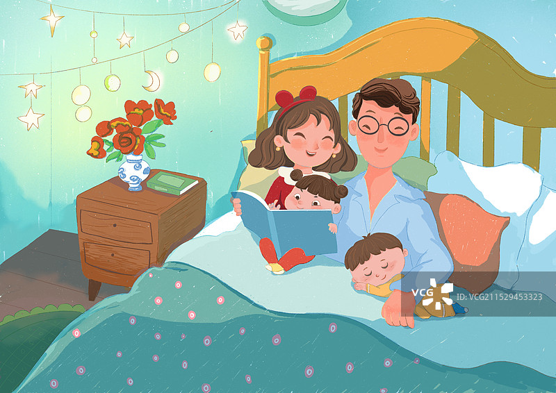 读书的一家四口图片素材