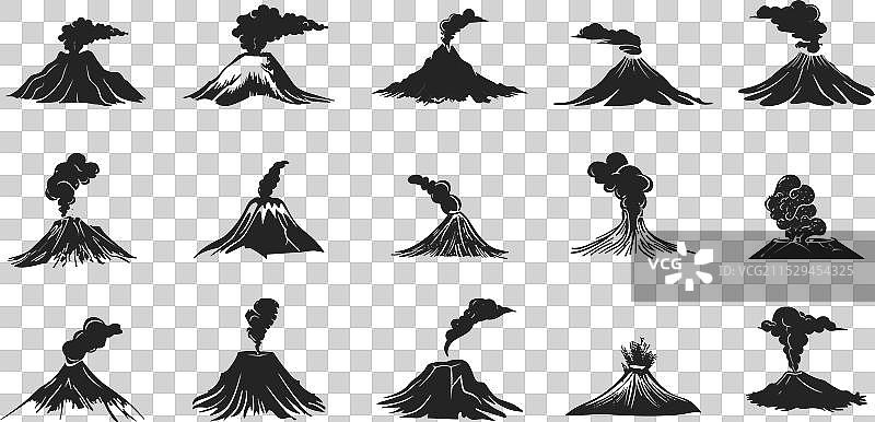 活火山轮廓，伴随灰烬喷发与火焰图片素材