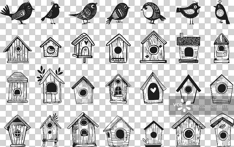 鸟屋黑白简单涂鸦元素图片素材