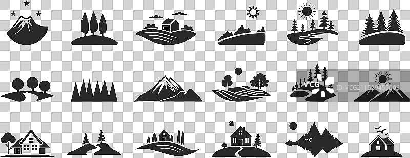 山脉、田野、森林和房屋的风景图标集图片素材
