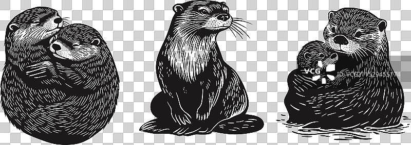 水獺动物套装，采用版画风格，两只可爱的水獺图片素材