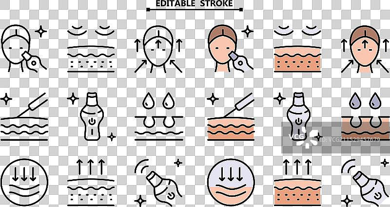 面部皮肤清洁图标集，可编辑线条图片素材