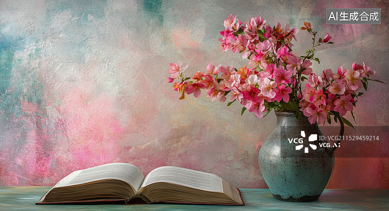 【AI数字艺术】一束粉红色的花插在一个黑色的花瓶中，花瓶放在一堆书上。背景是渐变色的墙壁，从左到右由粉色过渡到蓝色。图片素材
