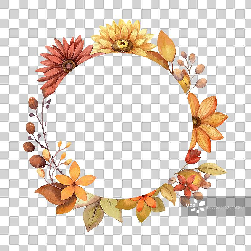 秋季圆形框架，配有水彩花卉和树枝图片素材