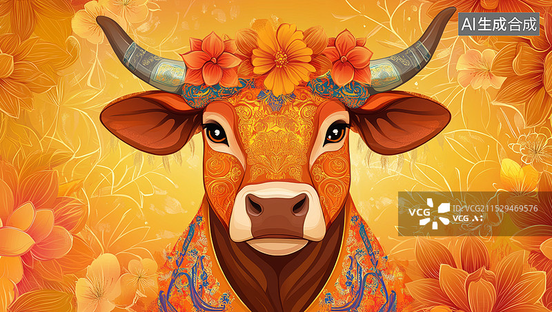 【AI数字艺术】一幅充满节日气氛的牛年插画。画面中的牛装饰华丽，头戴花环和金色饰品，耳朵上挂着红色流苏，象征着喜庆图片素材