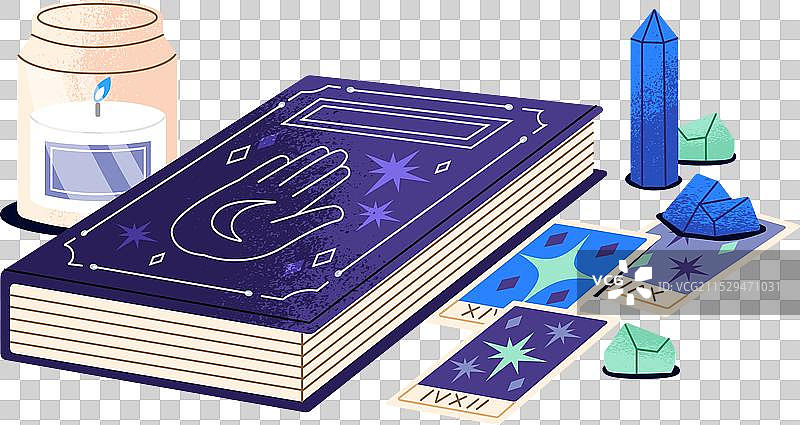 厚重的魔法书，封面上有手和月亮，象征着好运图片素材