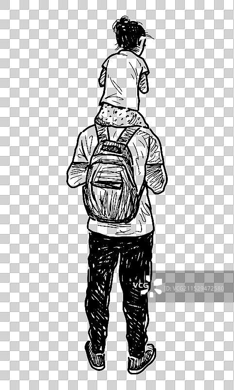 一个男人肩上坐着一个孩子的素描图片素材