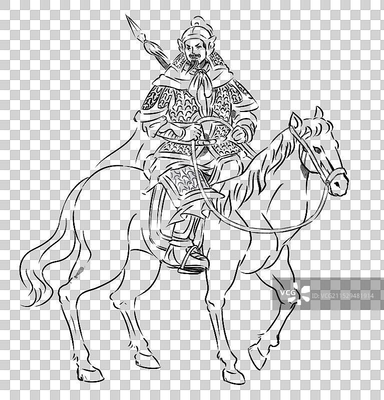 一个将军骑在战马上卫青岳飞中国古代历史英雄人物手绘插画元素线稿图片素材