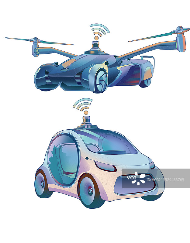 日报风格未来交通工具概念飞行无人汽车插画图片素材