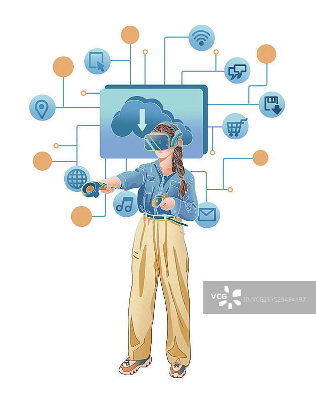 现代女孩戴VR虚拟设备操作全息信息插画图片素材