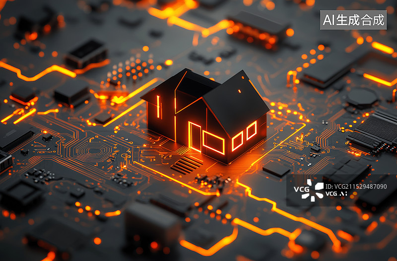 【AI数字艺术】一个电路板上的发光房子图标，象征着智能家居或家庭自动化技术。背景中的电路板和发光的线条突显了科技与家图片素材