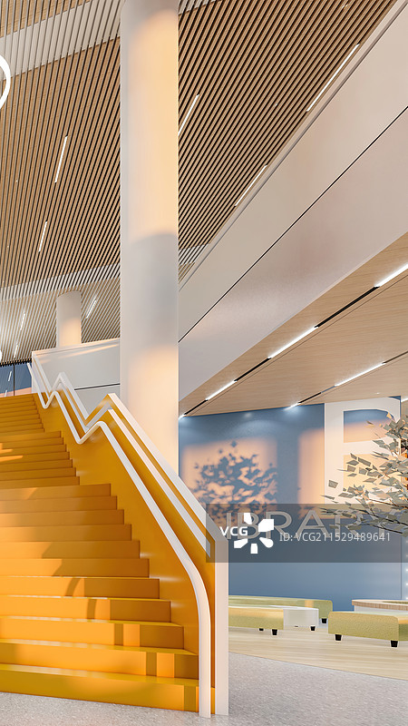 现代学校网红图书馆 木格栅天花板 台阶图片素材