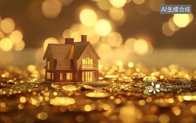 【AI数字艺术】一座小型的房屋模型，周围散落着许多金币。背景是模糊的金色光斑，营造出一种梦幻和财富的感觉图片素材