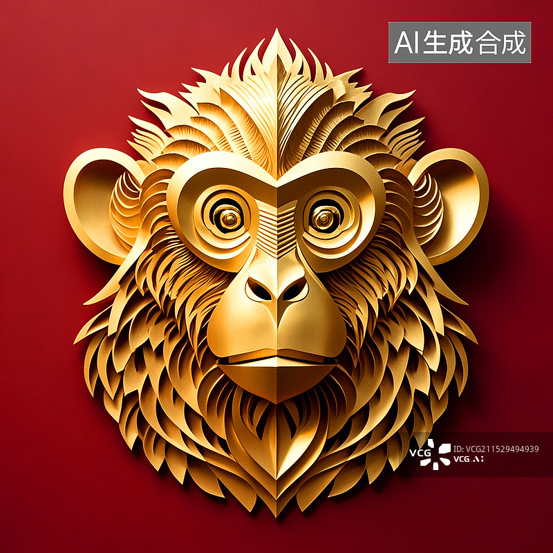 【AI数字艺术】中国传统文化十二生肖金色猴头剪纸折纸艺术图片素材