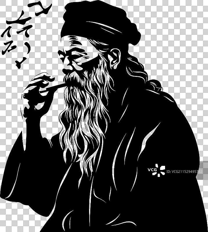 宁静的烟雾，亚洲圣人吸烟者设计，古老风格图片素材