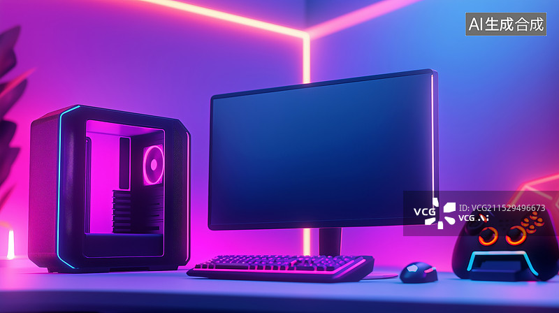 【AI数字艺术】科技感电脑主机桌面，游戏娱乐电竞室背景图片素材