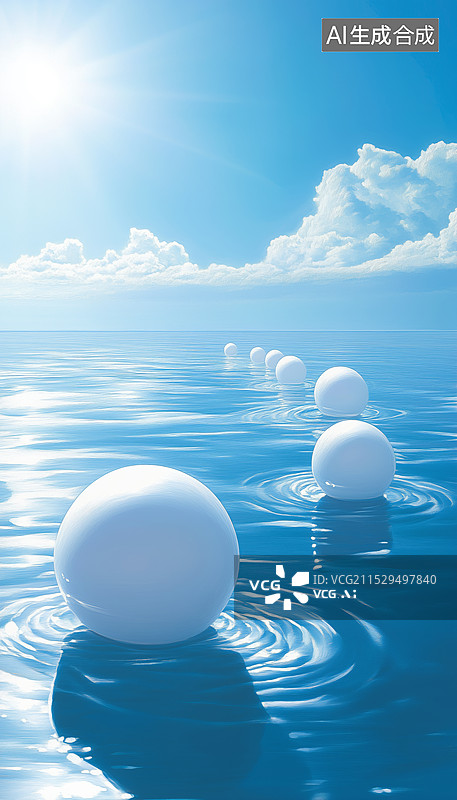 【AI数字艺术】户外蓝色海洋水面风景和白色球体图片素材