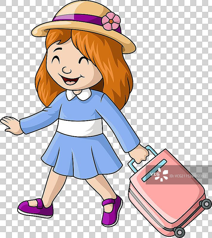 可爱的女孩卡通形象与行李图片素材