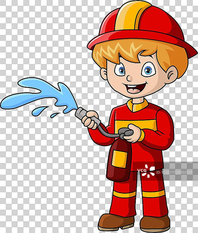 可爱的消防员男孩手持灭火器图片素材