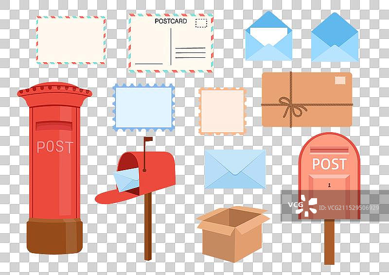 红色的英国邮筒，旁边有打开和封闭的信封图片素材