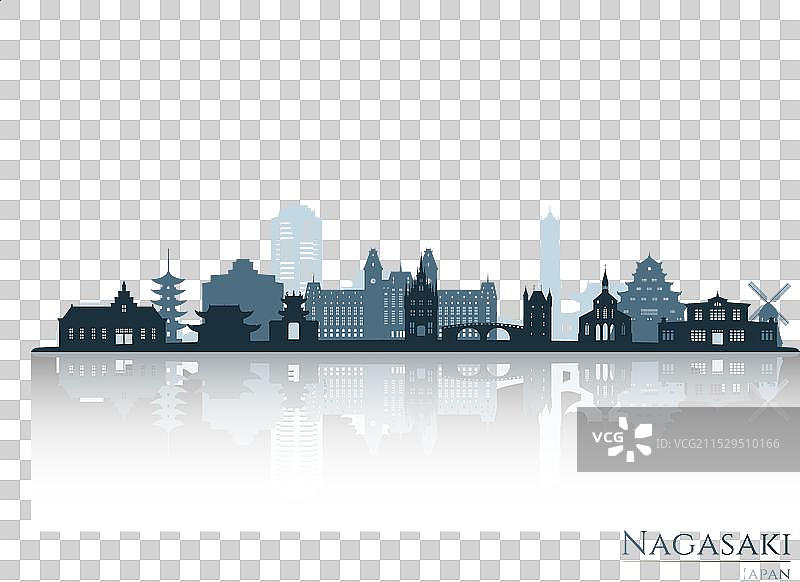 长崎天际线剪影与倒影图片素材