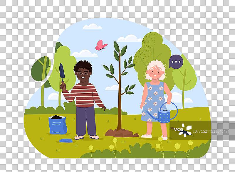孩子们在种树，男孩和女孩手持铲子。图片素材